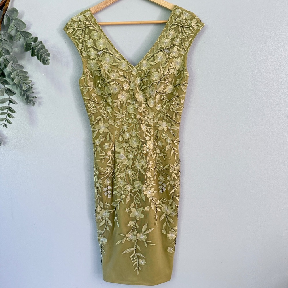 Sue Wong Slip Dress Fairy Garden Chartreuse Green Floral Embroidered Beaded Mesh